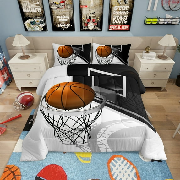 3D Basketball Bedding Comforter Sets Teens Basketball Gaming Bedding Set King Black White Basketball Court Duvet Insert Sport Quilted Comforter 3pcs Microfiber Breathable Bedding