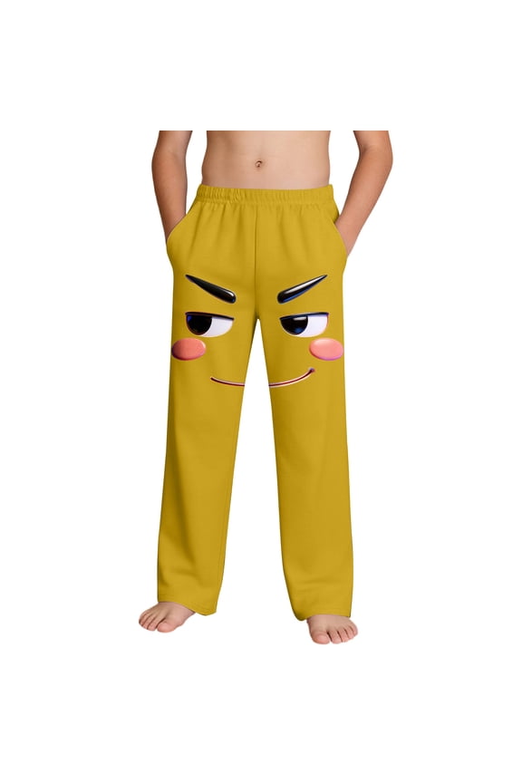 Boys 3D Cartoon Print Pants Funny Face Joggers for Kids Soft Polyester Spandex Sweatpants with Pockets Elastic Waistband Casual Lounge Wear Yellow,Size 4 T