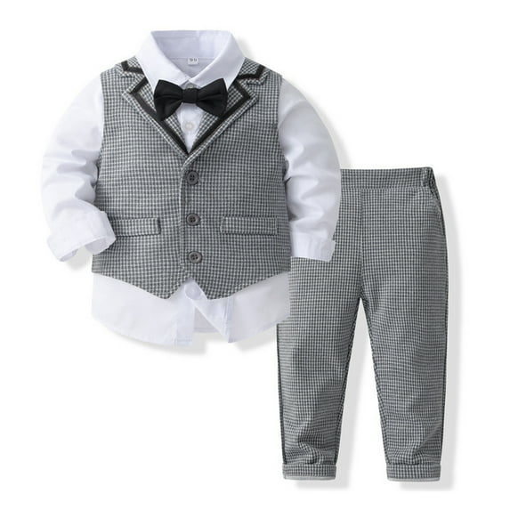 Boys 4 Piece Gentleman Suits Set Long Sleeve Shirts Vest Pants Outfits Set with Tie Wedding Birthday Party Suit