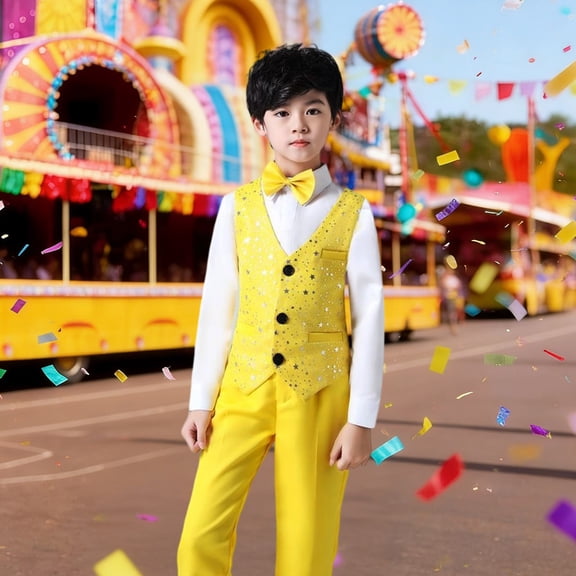 Boys 4-Piece Shiny Sequin Formal Outfit – Vest, Shirt, Pants & Bowtie (3-16Y Holiday/Performance Attire)