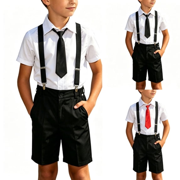 Boys' 4-Piece Suspender Outfit, Short Sleeve Tie Shirt and Suspender Shorts Set for Age 2-14 Years Black