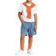 thumbnail image 1 of Boys 4 Pieces Back To School Outfit Round Neck Solid Short Sleeve Tee and Pockets Denim Shorts and Shawl and Knee High Socks Performance Outfits Casual Clothes Set 3-16 Years, 1 of 9