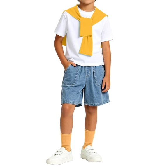 Boys 4 Pieces Back To School Outfit Round Neck Solid Short Sleeve Tee and Pockets Denim Shorts and Shawl and Knee High Socks Performance Outfits Casual Clothes Set 3-16 Years