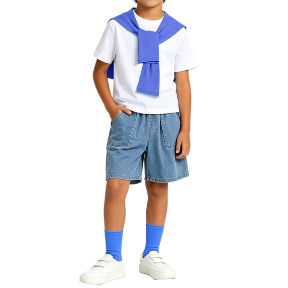 Boys 4 Pieces Back To School Outfit Round Neck Solid Short Sleeve Tee and Pockets Denim Shorts and Shawl and Knee High Socks Performance Outfits Casual Clothes Set 3-16 Years