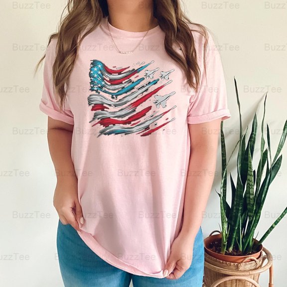 Boys 4th July Jet American Flag Patriotic USA Aviation Kids Cool T-Shirt Unisex, up to 5XL