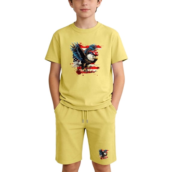 Boys 4th of July Casual Outfit Set, Yellow Patriotic Eagle Flag Print Short Sleeve T-Shirt and Shorts 2 Piece Summer Clothing for Kids,Size 9 T
