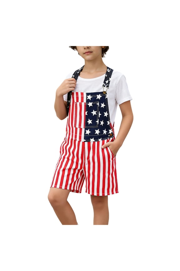 Boys 4th of July Patriotic American Flag Overalls Shorts Kids Independence Day Bib Shorts Red White Blue Cotton Blend,Size 7 T