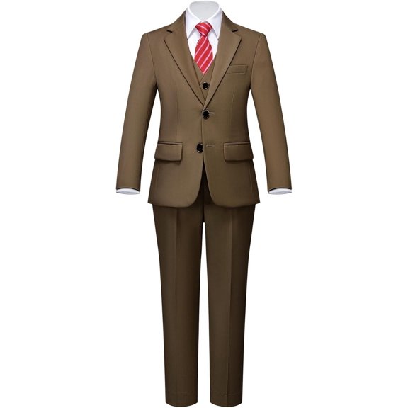 Boys 5 Piece Slim Fit Suit Set, Solid Formal Dresswear of Jacket Vest Pants Shirt and Tie