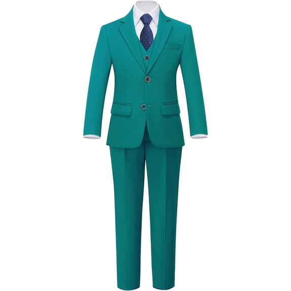 Boys 5 Piece Slim Fit Suit Set, Solid Formal Dresswear of Jacket Vest Pants Shirt and Tie