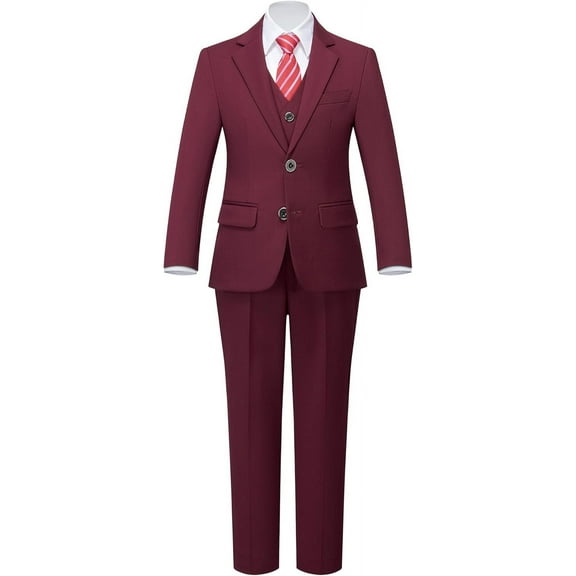 Boys 5 Piece Slim Fit Suit Set, Solid Formal Dresswear of Jacket Vest Pants Shirt and Tie