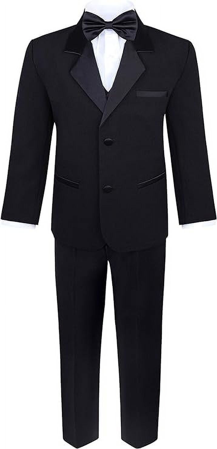 Boys 5 Piece Tuxedo Set Includes Formal Jacket, Pants, Shirt, Vest & Bow Tie Black 2T