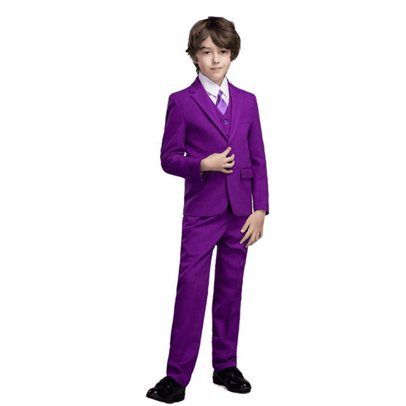 Boys 5 Pieces Gentleman Suits Slim Fit Formal Wedding Party Suits Performance Dress Suit Purple