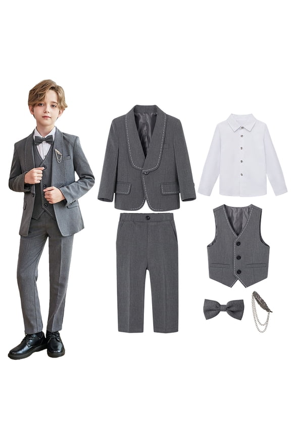 Boys 6 Piece Dresswear Tuxedo Suits Slim Fit Formal Wedding Ring Bearer Outfits Blazer Dress Shirts Pants Vest Breastpin 12 Months, Gray