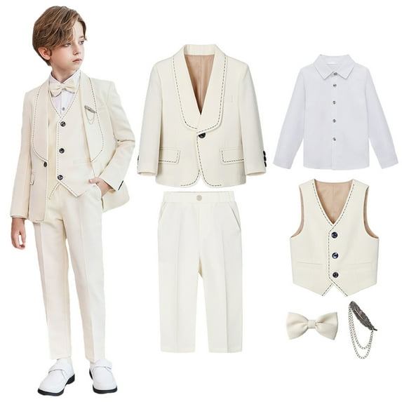 Boys 6 Piece Dresswear Tuxedo Suits Slim Fit Formal Wedding Ring Bearer Outfits Blazer Dress Shirts Pants Vest Breastpin 9 Years, Beige