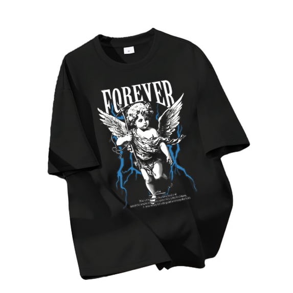 Boys' 8-12Y Forever Angel Graphic Short Sleeve T-Shirt Crew Neck Black Tee