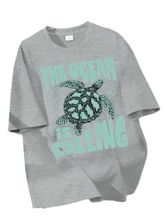Boys 8-12Y "The Ocean Is Calling" Sea Turtle Print Short Sleeve T-Shirt, Casual Regular Fit Summer Tee