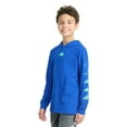 thumbnail image 1 of Boys 8-20 adidas Long Sleeve Hooded Overspray Logo Tee Color: Team Royal Size: MEDIUM, 1 of 4