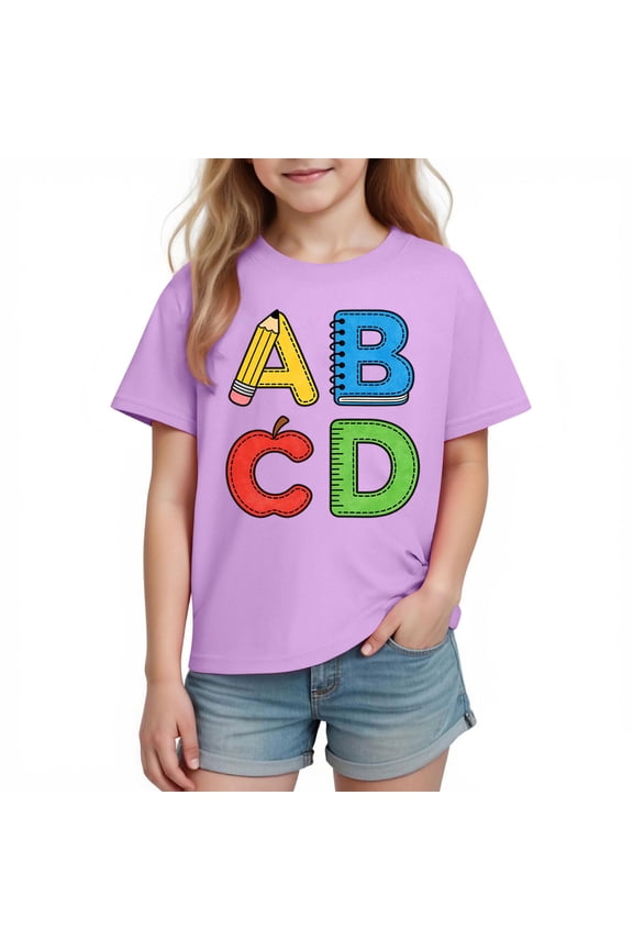 Boys ABC Graphic T-Shirt | Back to School Alphabet Tee for Kids | 100% Cotton Short Sleeve, Lavender Purple, Sizes 3-10 Years,Size 9 T