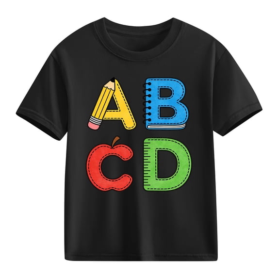 Boys' ABCD Graphic T-Shirt | Back to School Cotton Tee for Boys 3-10 Years | First Day of School Shirt, Black,Size 9 T