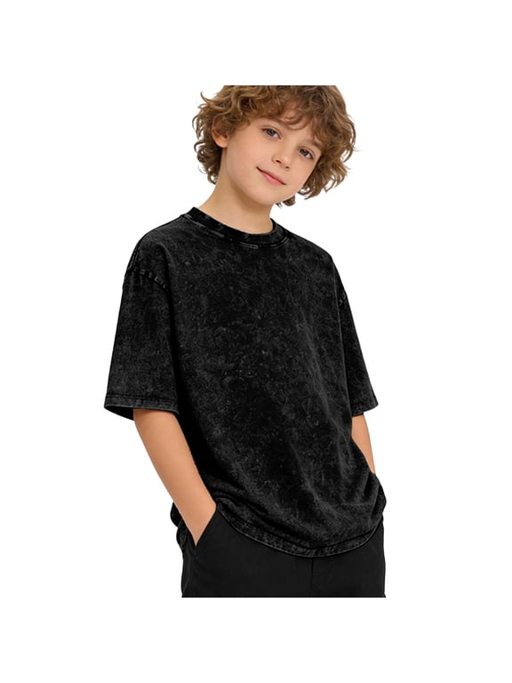 Boys Acid Wash T Shirt Oversized Short Sleeve Crewneck Vintage Tee Loose Fit Casual Summer Top