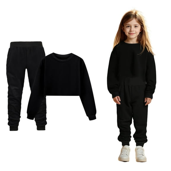 Boys Active Tracksuit Set Long Sleeve Solid Crewneck Black Pullover Loose Sweatshirt and Jogger Pants 2 Piece Fall Clothes Clothes for Girls 6-7 Years Boys Girls Fashion