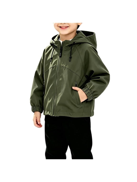 Boys Adjustable‑Hood Full‑Zip Softshell Jacket with Zipper Side Pockets for Outdoor Wear Army Green 9-12 Months