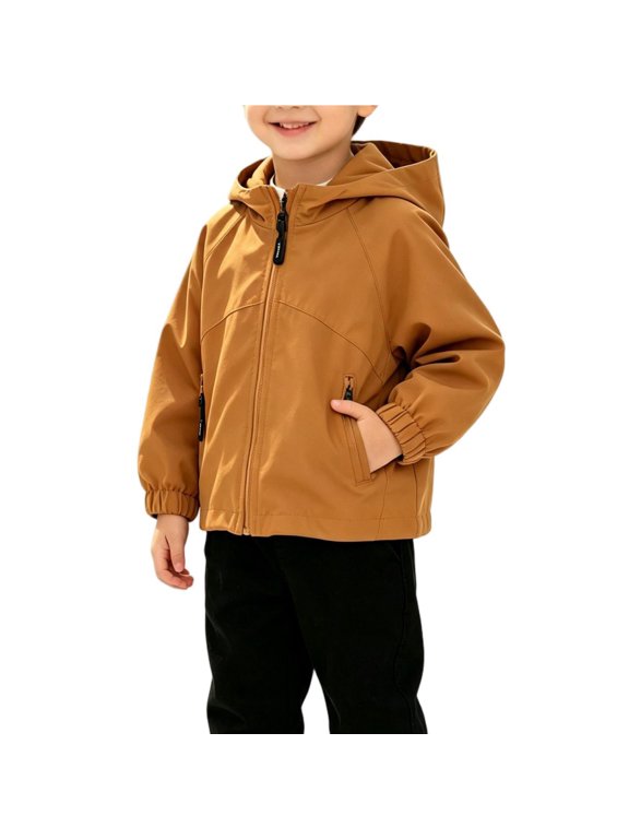 Boys Adjustable‑Hood Full‑Zip Softshell Jacket with Zipper Side Pockets for Outdoor Wear Brown 6-9 Months