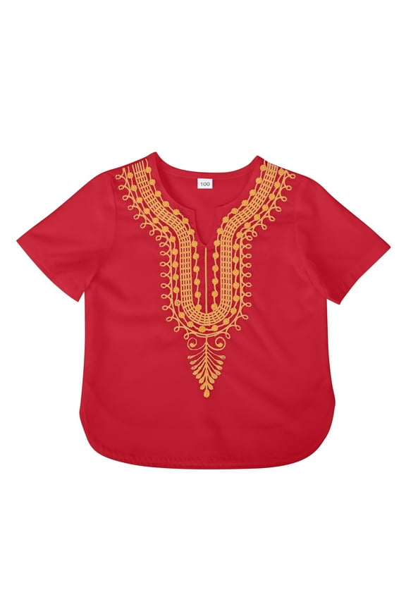 Boys African Dashiki Shirt Traditional Loose Fit Casual Top for Kids Celebrations and Everyday Wear,Color:Red,1-2 Years
