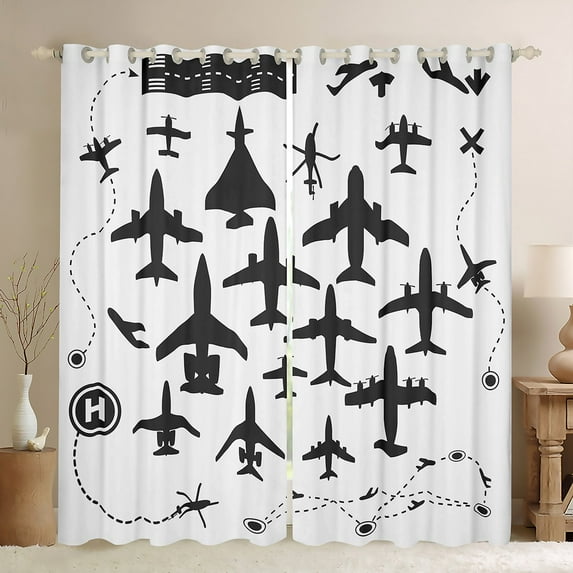 Airplane 52"x63" Set of 2 Panels Window Curtains & Drapes Aircrafts Silhouette Blackout Curtains Aviation Themed Planes Curtains Black White Window Treatments Airplane Decor