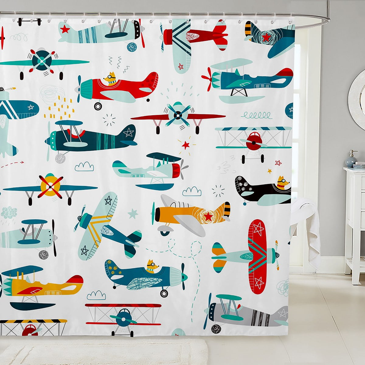 Airplane 72"Wx84"L Fabric Shower Curtain Colorful Cartoon Propeller ...