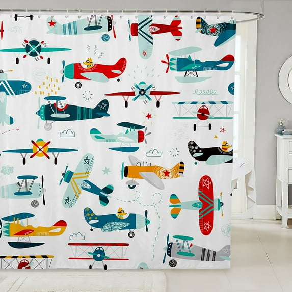 Airplane 72"Wx84"L Fabric Shower Curtain Colorful Cartoon Propeller Plane Shower Curtain for Teens ,Cute Cartoon Airplanes Bathroom Shower Curtain Sets Aviation Themed Bath Curtain