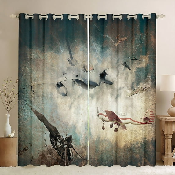 Airplane Curtains & Drapes Vintage World War Military Aircraft Curtains, Fighter Plane Bomber Jets Blackout Curtains for Teenagers Youth Soldier Air force Theme Window Treatments 38''Wx54''L
