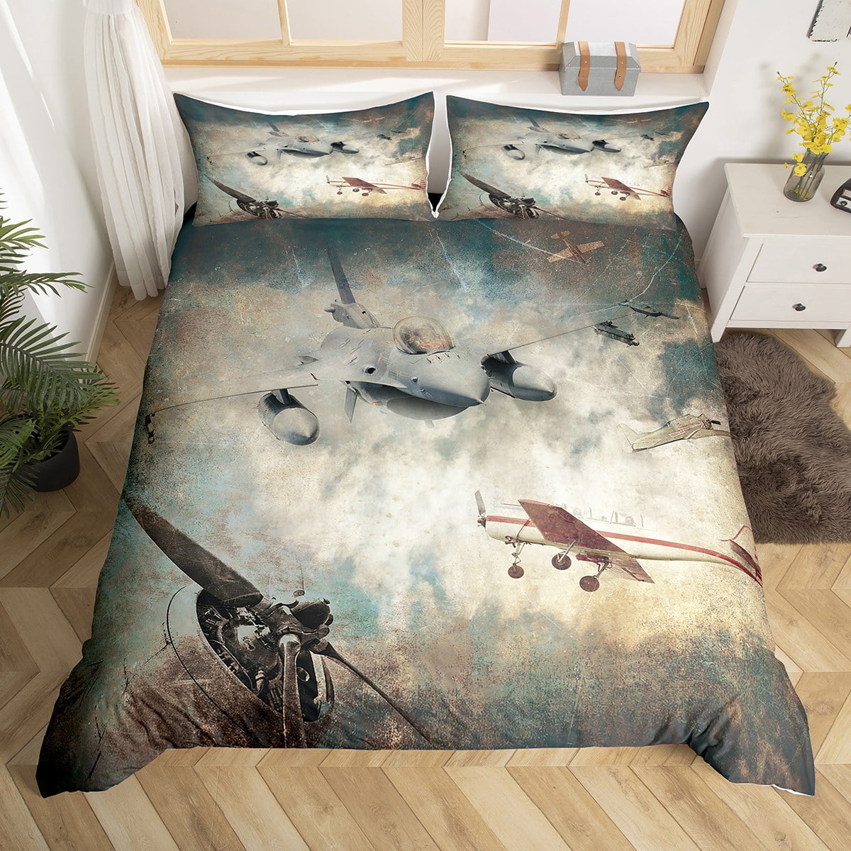 Boys Airplane Duvet Cover Vintage World War Military Aircraft Comforter Cover, Fighter Plane