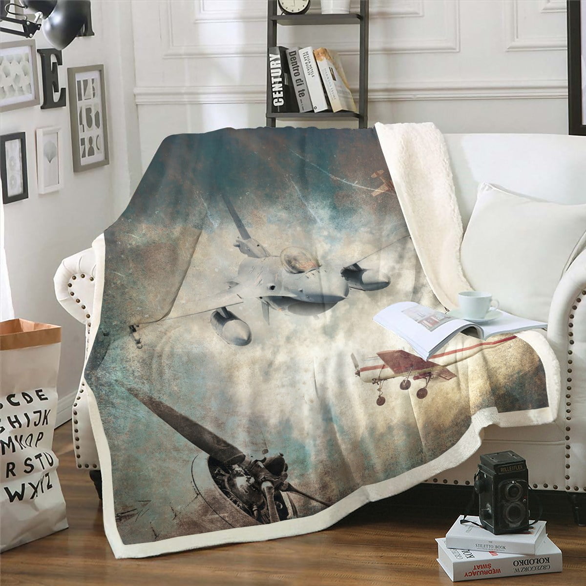 Boys Airplane Fuzzy Blanket Vintage World War Military Aircraft Throw