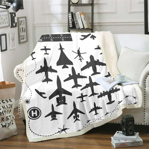Airplane Queen Size Fleece Blanket Aircrafts Silhouette Blanket for Teens ,Aviation Themed Planes Throw Blanket Black And White Fuzzy Blanket Airplane Decor Room