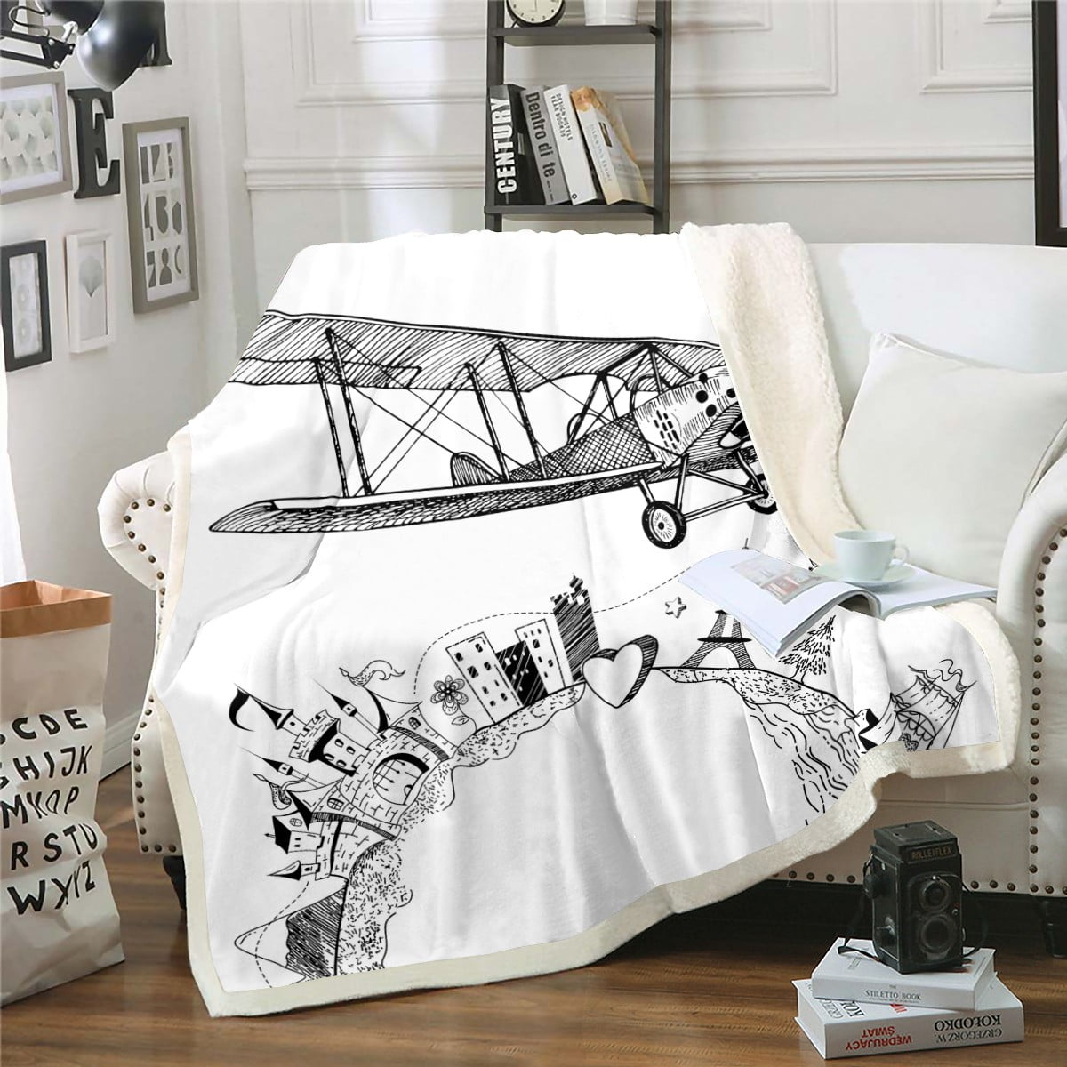 Boys Airplane Throw Size Fuzzy Blanket Aircraft Flight Fleece Blanket for Kids Teens Black White