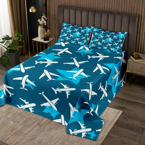 Boys Airplane Twin Coverlet Set for Kids Cartoon Aircraft Print Quilt Set Cartoon Jet Planes Bedspread Set for Youth Adults,Vintage Grunge Stars Pattern Bed Set Navy Blue Room Decor