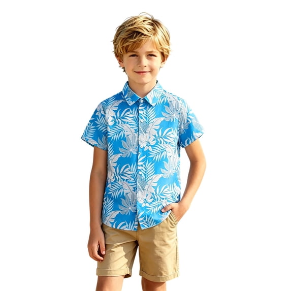 Boys Allover Print Short Sleeve Button Down Shirt, Novelty Point Collar Casual Top 3-15 Years