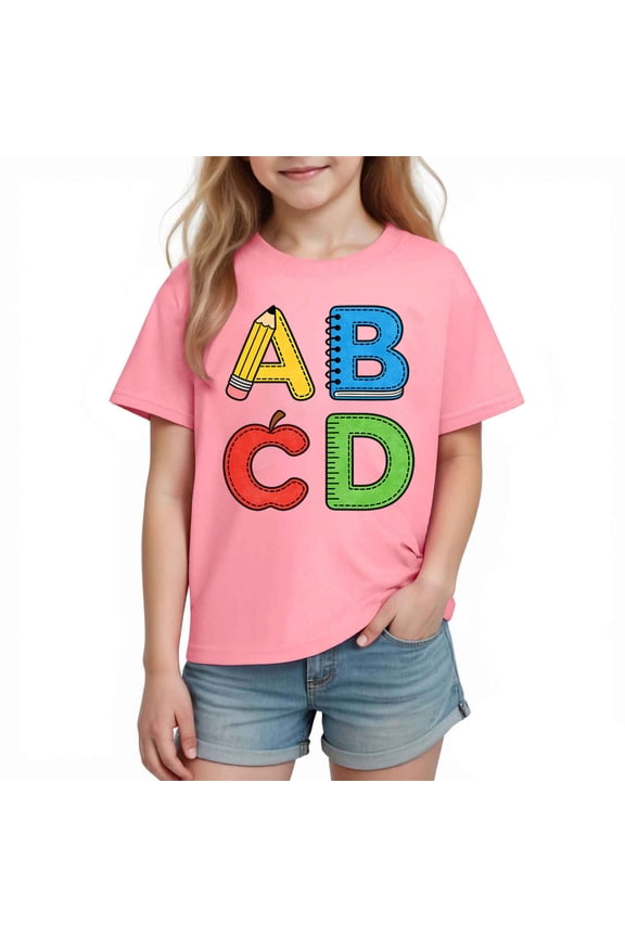 Boys Alphabet T-Shirt | Back to School ABC Graphic Tee for Kids | 100% Cotton Short Sleeve Top, Pink, Sizes 3-10 Years,Size 5 T