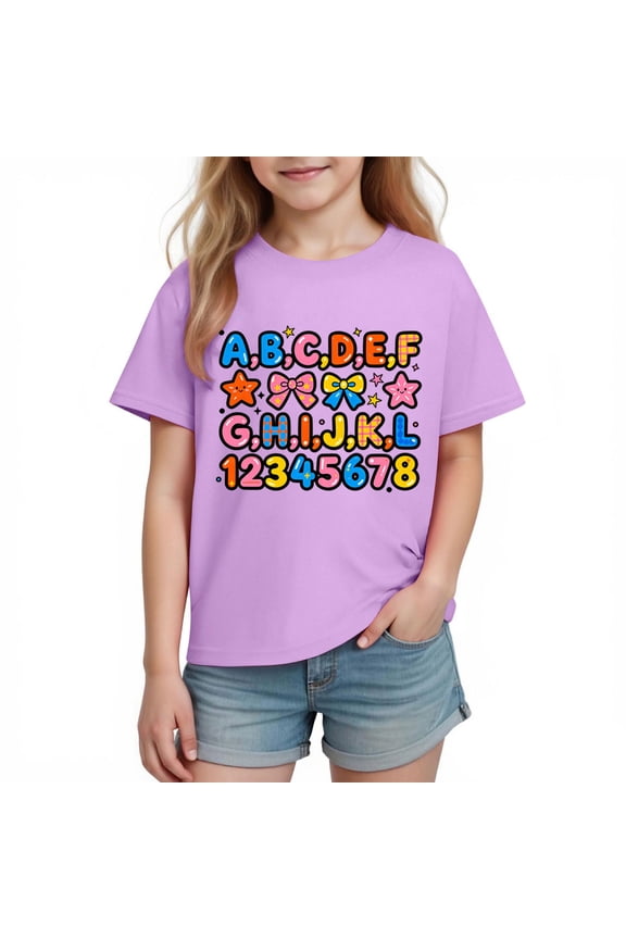 Boys Alphabet T-Shirt Numbers Print Short Sleeve Graphic Tee 100% Cotton Purple Educational Shirt for Kids & Big Kids, Back to School, Play,Size 7 T