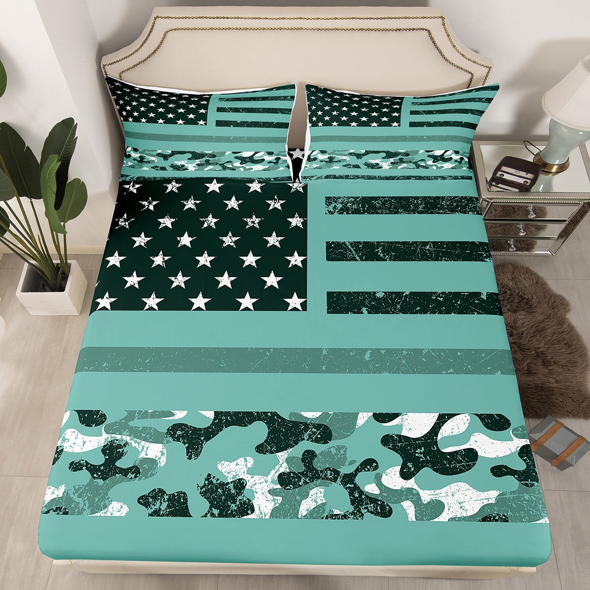 Boys American Flag Bed Set Camo Military Retro Design Bed Sheets for