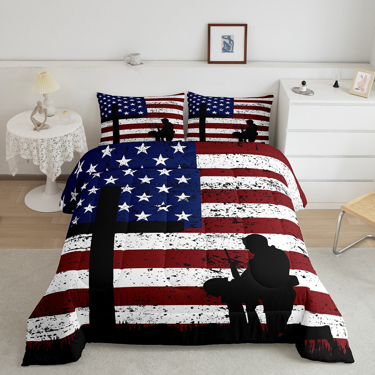 Boys American Flag Comforter Set Army Soldier Silhouette Twin Size