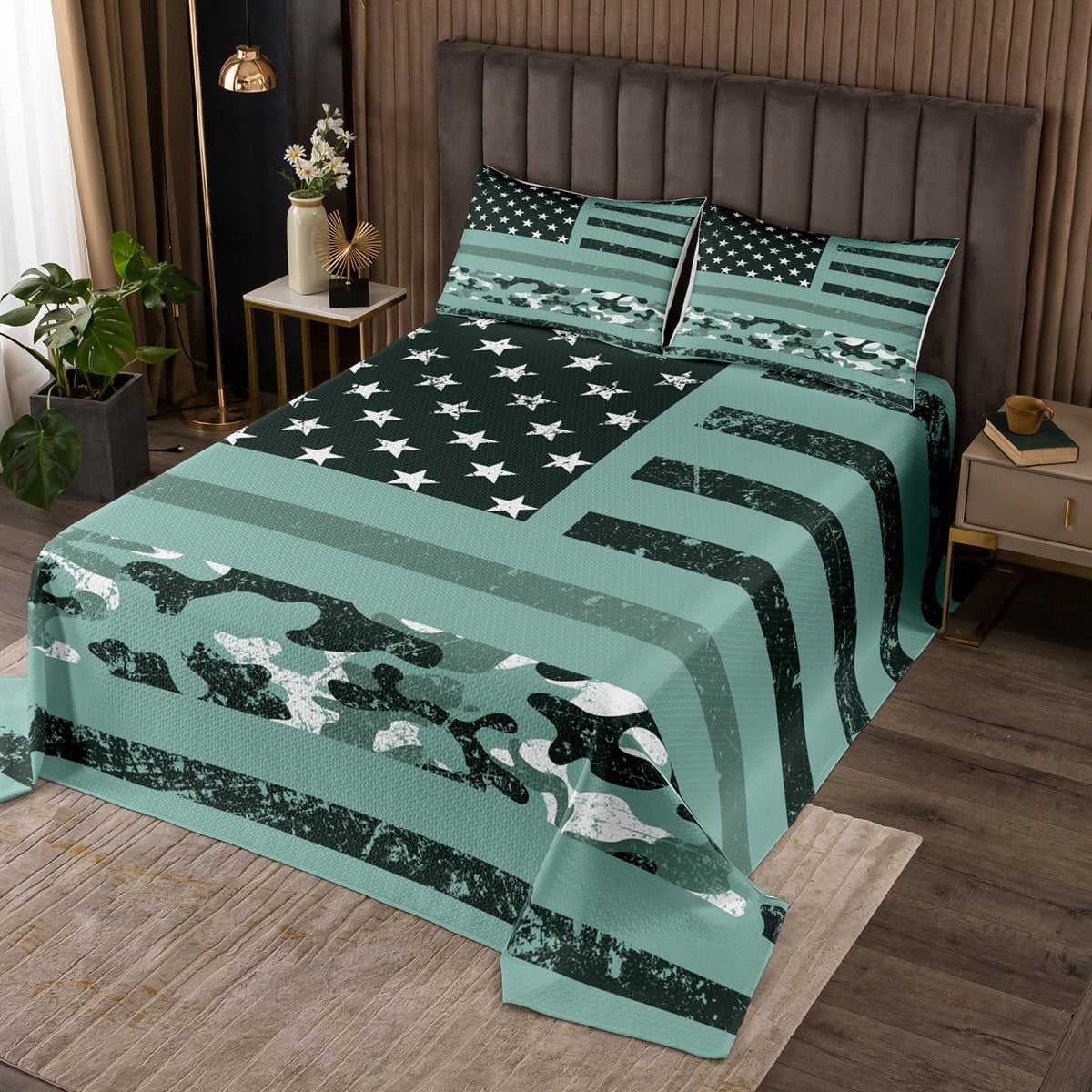 Boys American Flag Quilt Set Camo Military Retro Design Bedspread Set