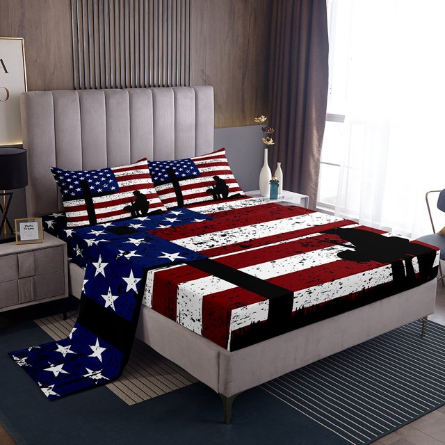 Boys American Flag Sheet Set Army Soldier Silhouette Twin Size Sheets
