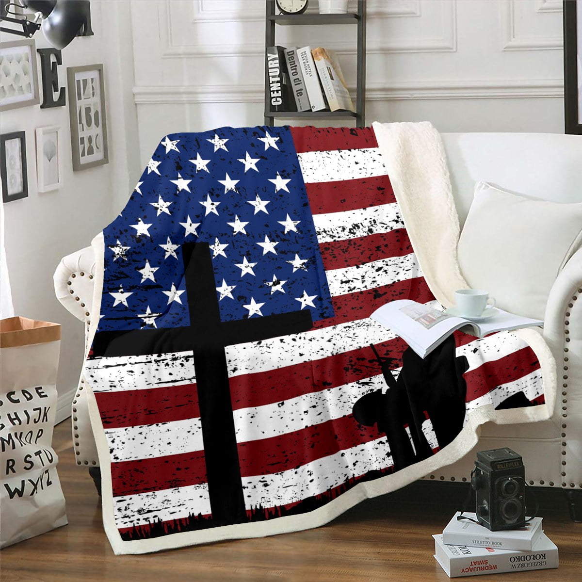 Boys American Flag Throw Blanket Army Soldier Silhouette Queen Size
