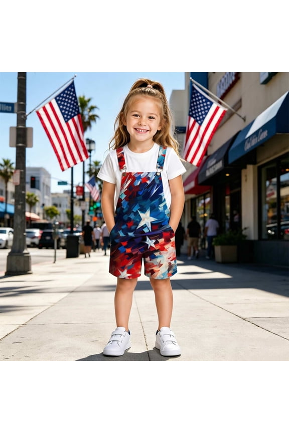 Boys And Girls 4th of July Denim Overalls American Flag Overall Shorts Suspender With Adjustable Strapst Summer Casual Bottoms(Red,10-11 Years)