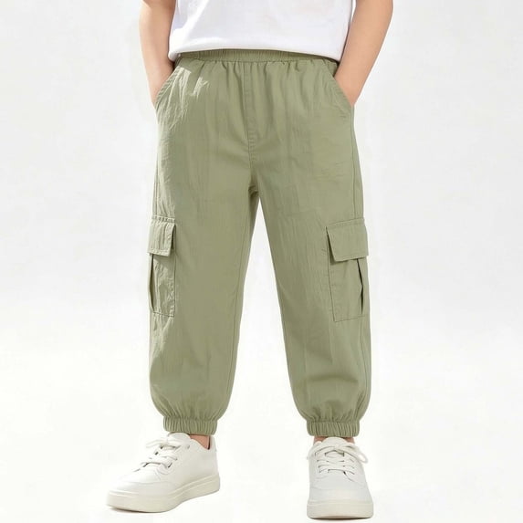 Boys And Girls Cargo Pants Thin Solid Workwear Pants Casual Leggings Long Pants with Pockets