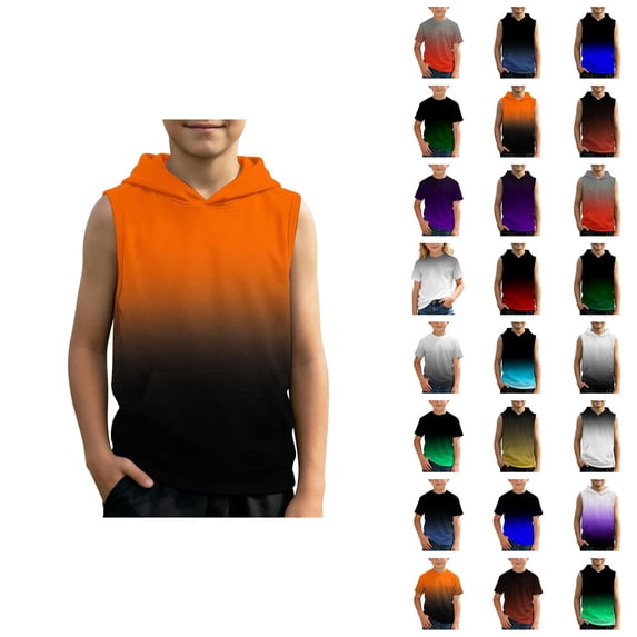 Boys And Girls Gradient Hooded Vest Sweatshirt For Kids | Lightweight Front Pocket Sleeveless Hoodie Top