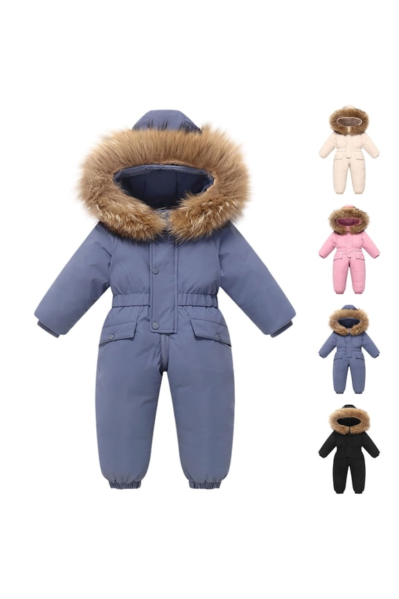 Boys And Girls Winter One Piece Snowsuit Fashion Outdoor Children's Hooded Thick Warm Printed Ski Suit Set