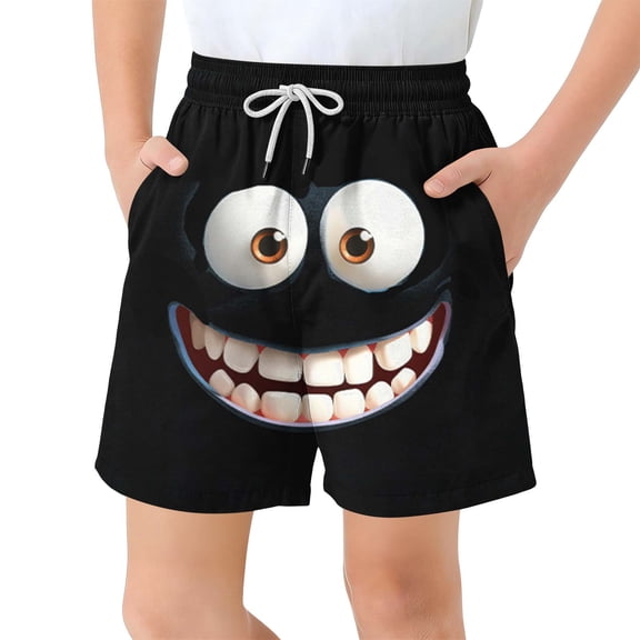 Boys' Angry Face Print Swim Trunks, Quick-Dry Elastic Waist Board Shorts with Pockets for Kids, 3-12 Years Black 8-9 Years